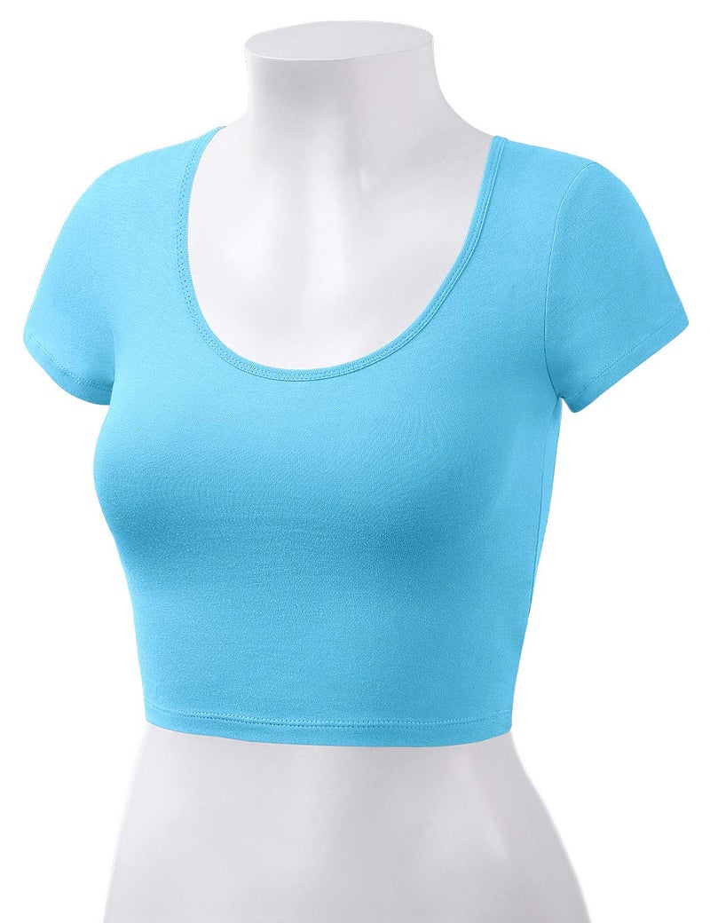 HATOPANTS Women's Cotton Crop Tops Short Sleeve Scoop Neck Stretchy Casual Shirt Aqua S - Image 4