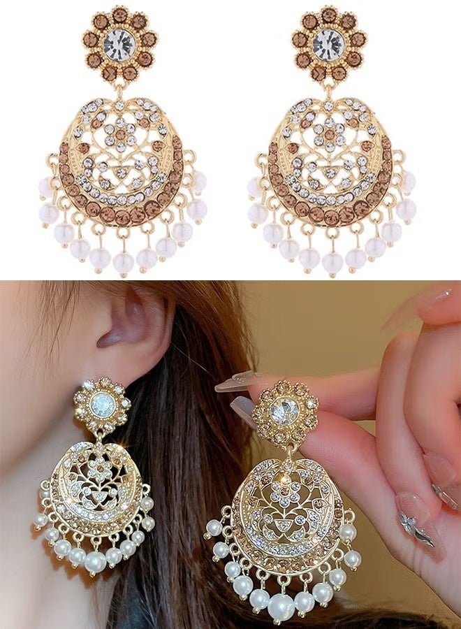 YJ Gold Plated Bohemian Jhumka Crystal Chandelier Earrings Pearl Beaded Ethnic Statement Earrings for Women Gatherings Weddings Formal Events Parties Celebrations - Image 1