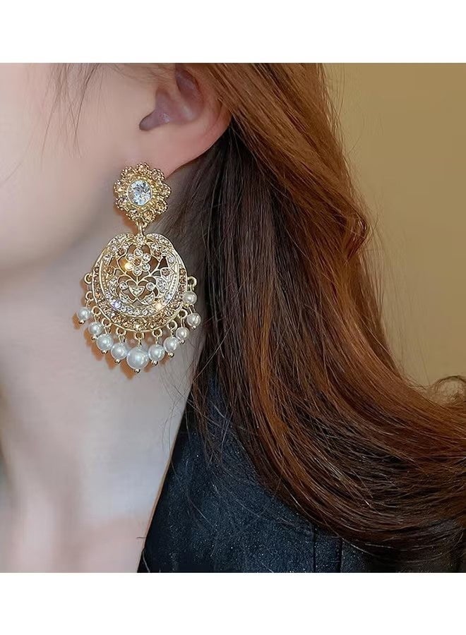 YJ Gold Plated Bohemian Jhumka Crystal Chandelier Earrings Pearl Beaded Ethnic Statement Earrings for Women Gatherings Weddings Formal Events Parties Celebrations - Image 2