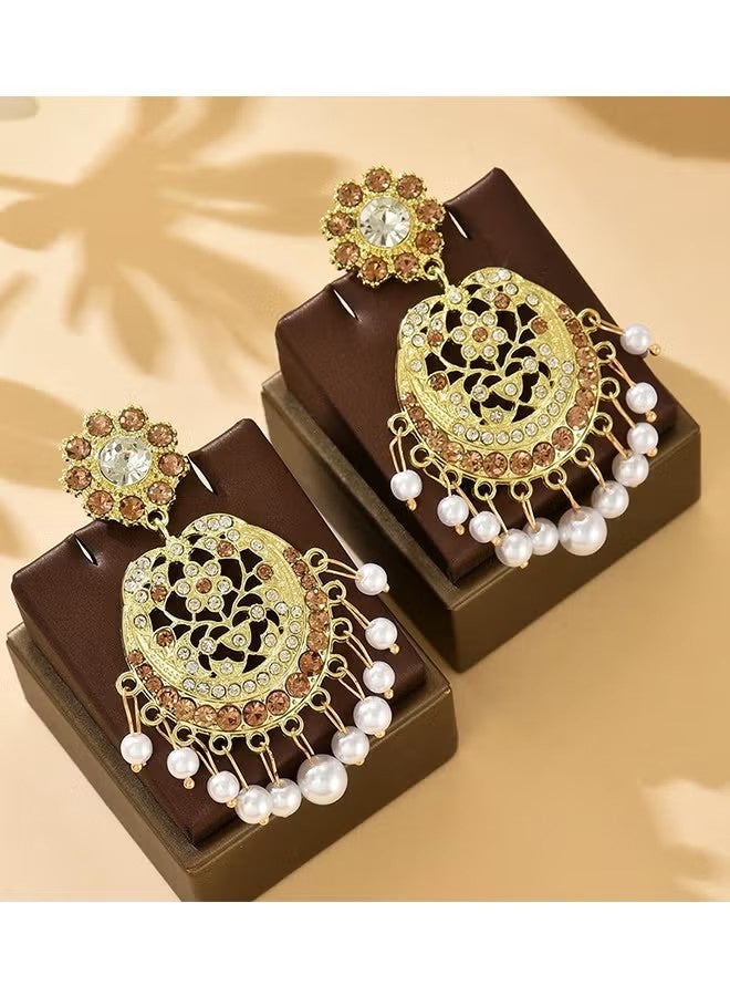 YJ Gold Plated Bohemian Jhumka Crystal Chandelier Earrings Pearl Beaded Ethnic Statement Earrings for Women Gatherings Weddings Formal Events Parties Celebrations - Image 5