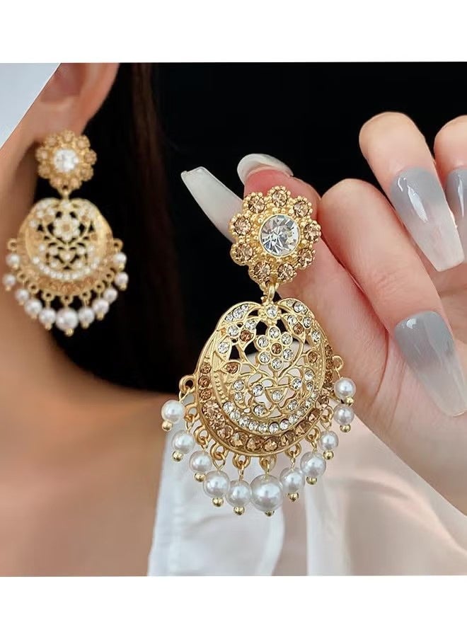 YJ Gold Plated Bohemian Jhumka Crystal Chandelier Earrings Pearl Beaded Ethnic Statement Earrings for Women Gatherings Weddings Formal Events Parties Celebrations - Image 4
