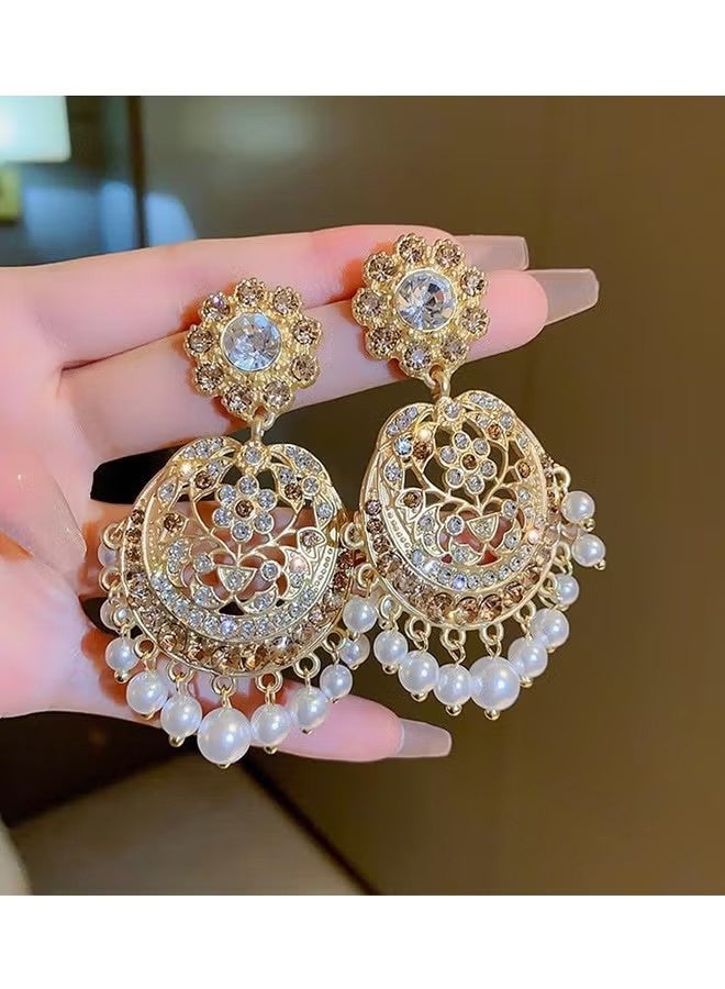 YJ Gold Plated Bohemian Jhumka Crystal Chandelier Earrings Pearl Beaded Ethnic Statement Earrings for Women Gatherings Weddings Formal Events Parties Celebrations - Image 3