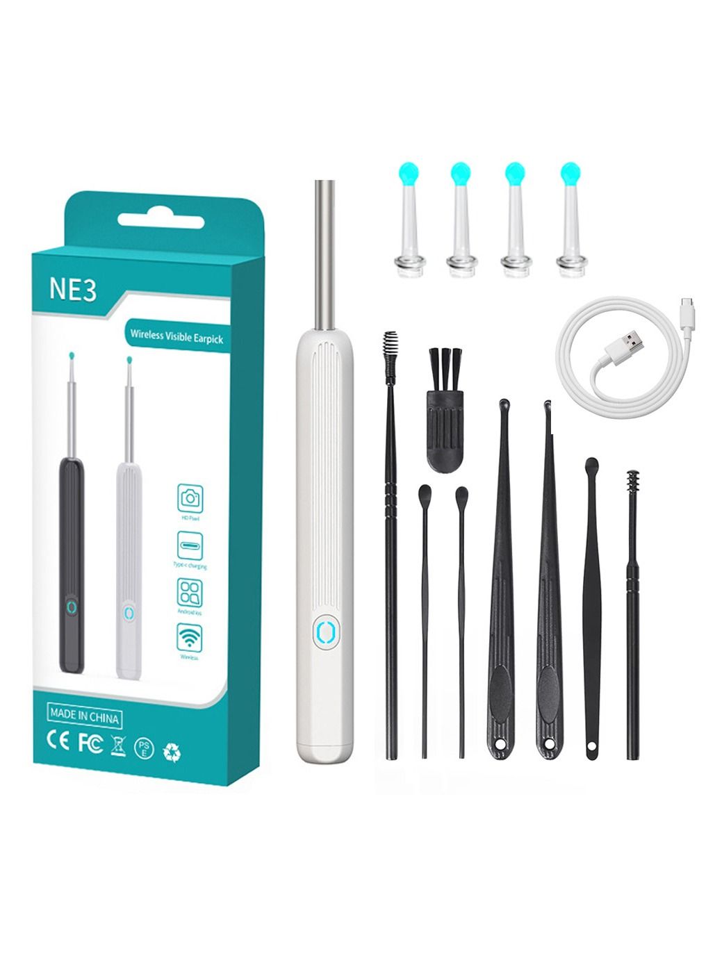 Ear Wax Removal, Wi-Fi Visible Wax Elimination Spoon with 4 Soft Silicone Ear Scoops and 8 black ear spoons, Wireless Ear Endoscope 1296P HD with LED Light for iPhone, iPad, Android Phones (White)