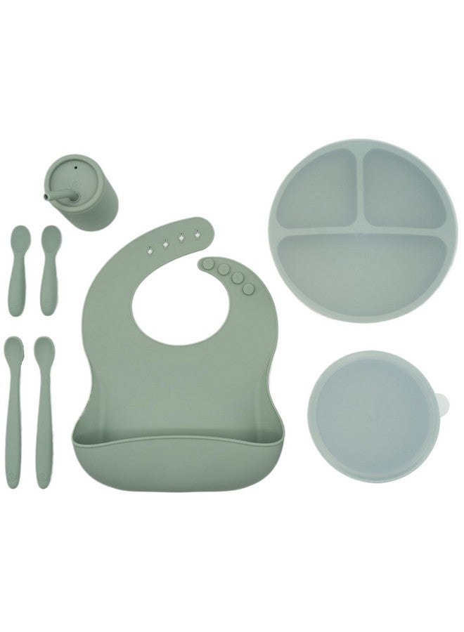 WeeSprout Baby Led Weaning Bundle, Silicone Suction Bowl, Spoons, Bib & Cup, Develops Self Feeding Skills, Dishwasher Safe (Green) - Image 1