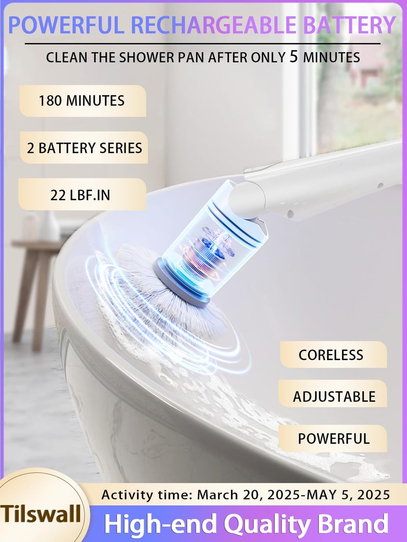 Tilswall Cordless Electric Spin Scrubber - IPX7 Waterproof Cleaning Brush with 180Min Runtime & 43" Extendable Handle, Ideal Gift for Home/Bathroom/Car (Includes 4 Brush Heads) - Image 2