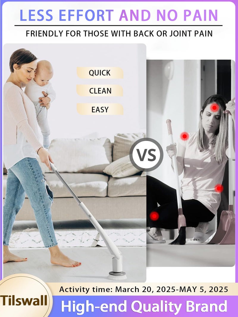 Tilswall Cordless Electric Spin Scrubber - IPX7 Waterproof Cleaning Brush with 180Min Runtime & 43" Extendable Handle, Ideal Gift for Home/Bathroom/Car (Includes 4 Brush Heads) - Image 4