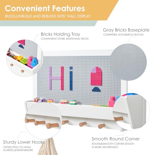 UTEX 2 in 1 Building Block Wall Panel for Kids with Shelf and Hooks Wood Wall Shelf for Playroom Nursery - Image 5