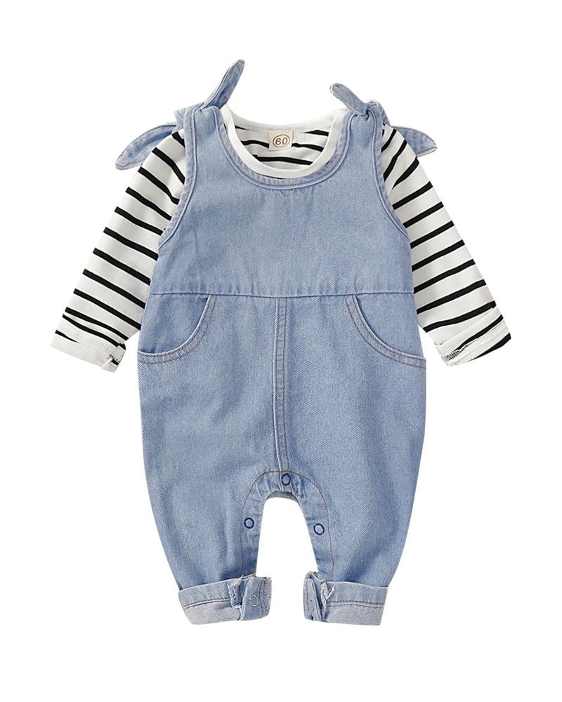 Saeaby 18 Months Girl Clothes Toddler Winter Outfit Stripe Long Sleeve T Shirt Denim Jumpsuit Romper Jean Overalls Boutique Girl Clothing 18-24 Months - Image 1