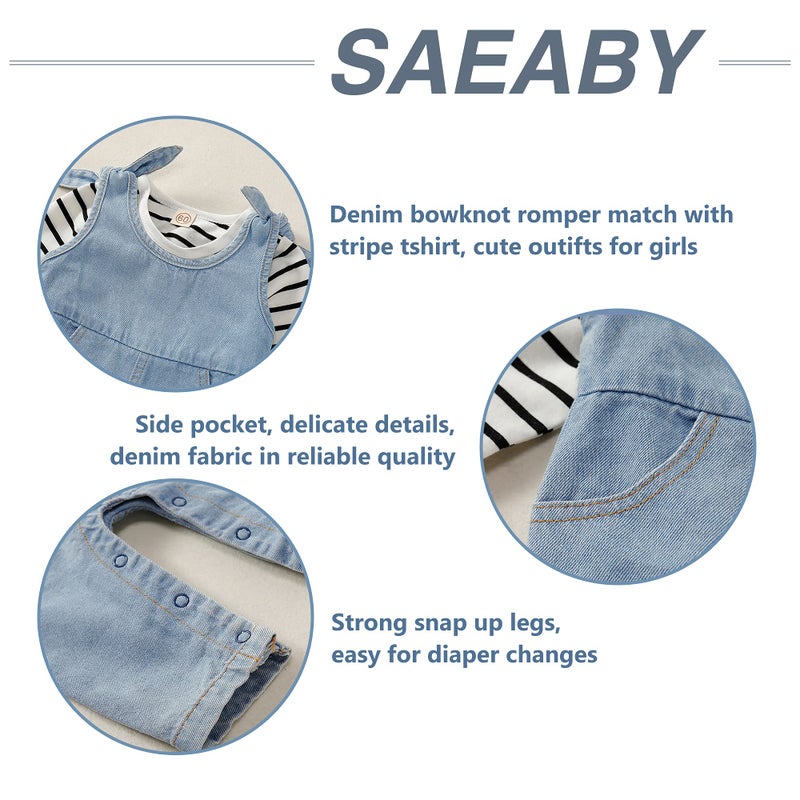 Saeaby 18 Months Girl Clothes Toddler Winter Outfit Stripe Long Sleeve T Shirt Denim Jumpsuit Romper Jean Overalls Boutique Girl Clothing 18-24 Months - Image 5