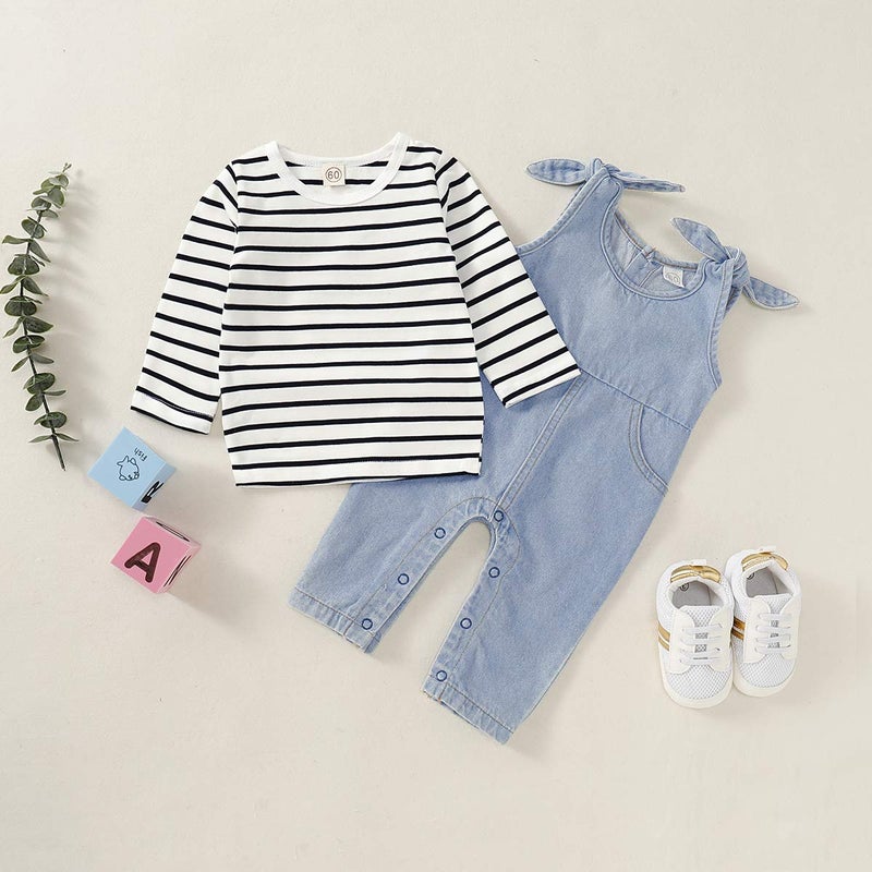 Saeaby 18 Months Girl Clothes Toddler Winter Outfit Stripe Long Sleeve T Shirt Denim Jumpsuit Romper Jean Overalls Boutique Girl Clothing 18-24 Months - Image 3