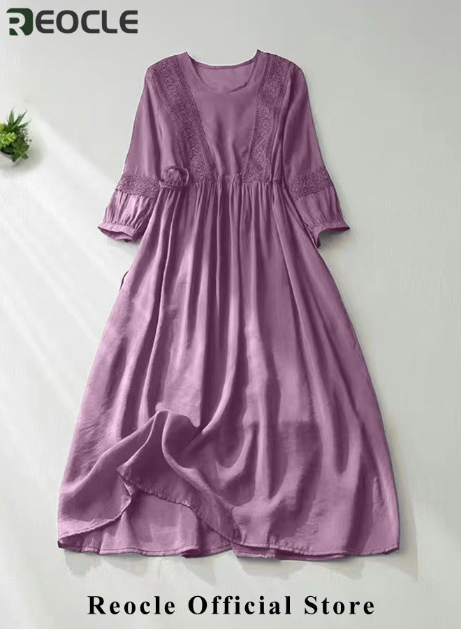 ريوكل فساتين ماكسي نسائية فستان زهري مطرز فستان ميدي متعدد الطبقات من الدانتيل بياقة دائرية فستان طويل للصيف للشاطئ فستان ماكسي لحفلات الكوكتيل وصيفات العروس - Image 5