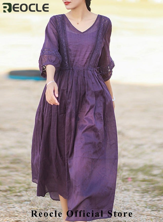 ريوكل فساتين ماكسي نسائية فستان زهري مطرز فستان ميدي متعدد الطبقات من الدانتيل بياقة دائرية فستان طويل للصيف للشاطئ فستان ماكسي لحفلات الكوكتيل وصيفات العروس - Image 2