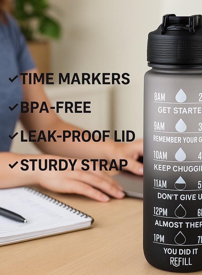 توشيونيكس زجاجة مياه تحفيزية سعة 1000 مل مع علامات زمنية، وغطاء يعمل بلمسة واحدة، وشفاطة مدمجة قابلة للطي، ومقبض حمل مزدوج وغطاء غير قابل للانزلاق - خالية من مادة BPA، وغطاء مانع للتسرب، وصديقة للبيئة، مصنوعة من البلاستيك، وقابلة لإعادة الاستخدام، وزجاجة مياه تذكيرية للشرب للبالغين والأطفال في المدرسة والمكتب والترطيب اليومي وصالة الألعاب الرياضية واللياقة البدنية واليوغا وركوب الدراجات والمشي لمسافات طويلة والتخييم في الهواء الطلق والمشي لمسافات طويلة والرياضة والسفر، زجاجة سعة 32 أونصة - Image 3