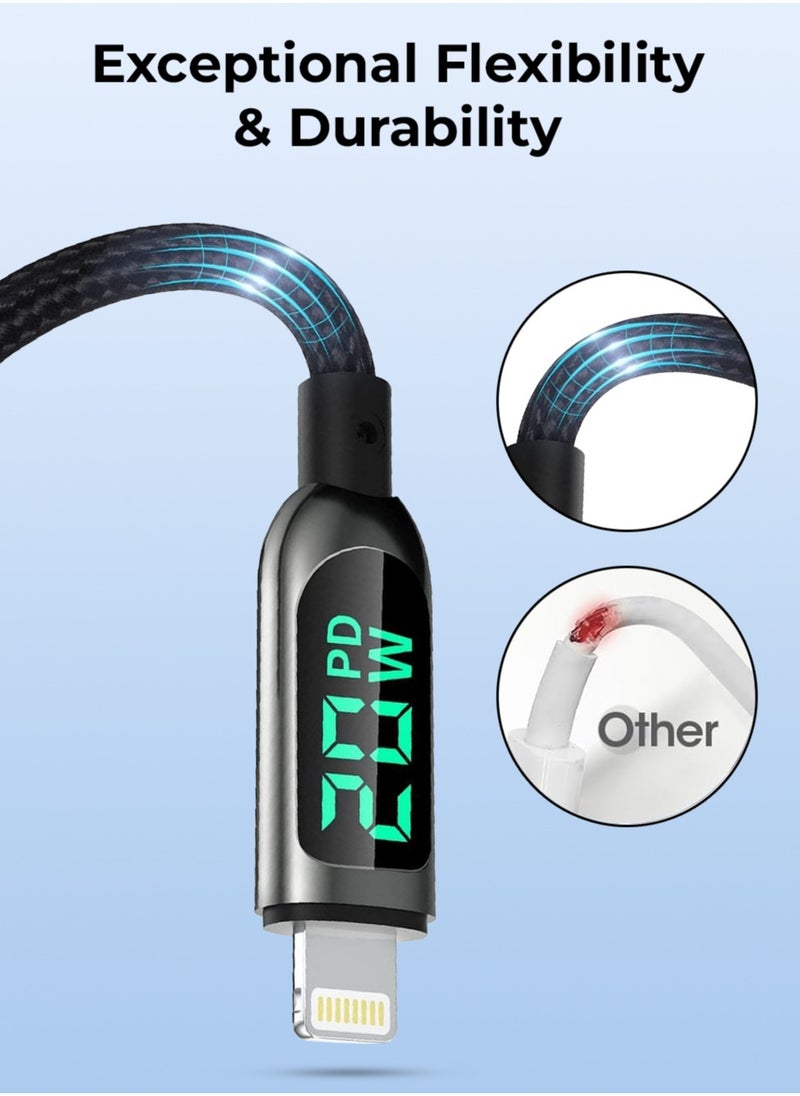 glassology - USB C to Lightning LED Current Voltage Display 3A USB Fast Charging Braided 1.2 Meter Black - Image 1