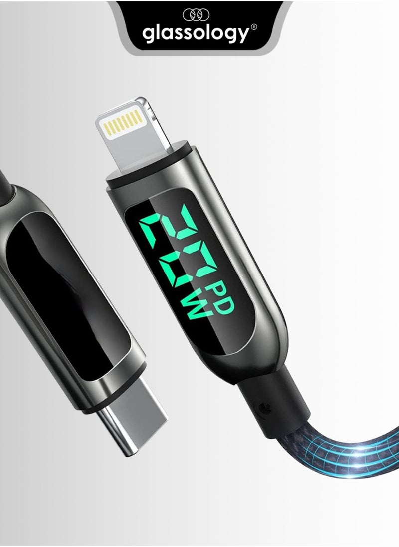 glassology - USB C to Lightning LED Current Voltage Display 3A USB Fast Charging Braided 1.2 Meter Black - Image 1