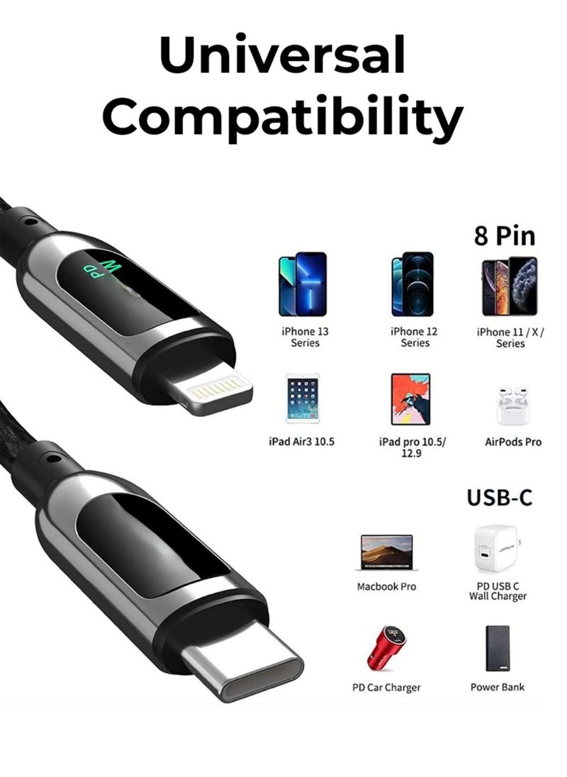 glassology - USB C to Lightning LED Current Voltage Display 3A USB Fast Charging Braided 1.2 Meter Black - Image 1