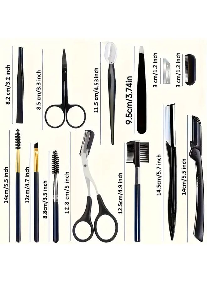 13Pcs Stainless Steel Eyebrow Grooming Kit Portable Black Set For Women And Men With Brush Razors Comb Scissors Folding Razor Trimmer Tweezers Lash Separator - Image 4