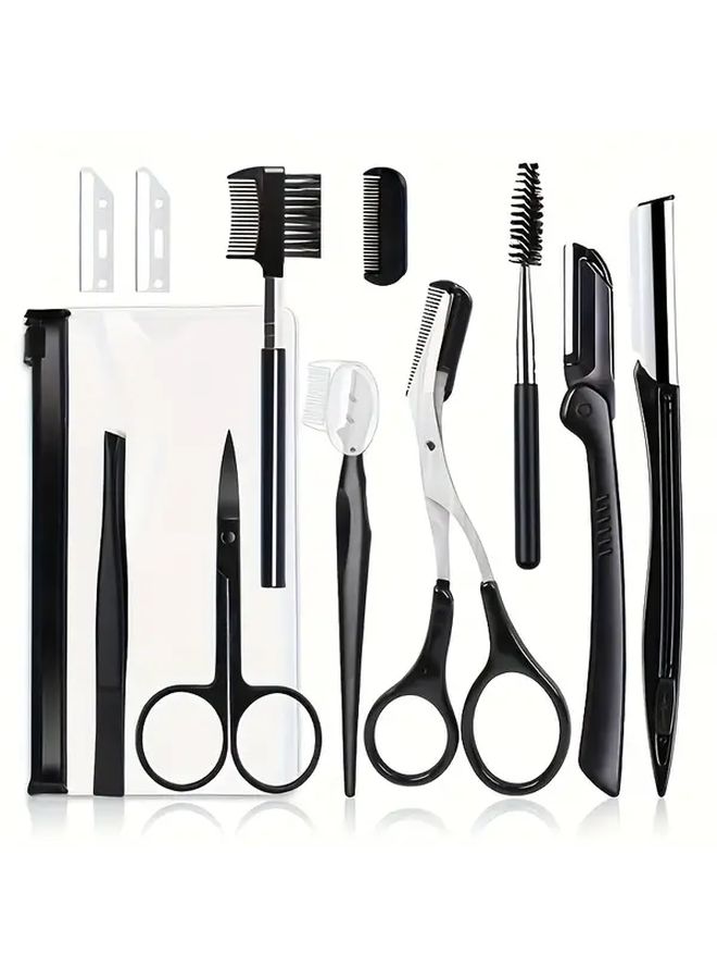 13Pcs Stainless Steel Eyebrow Grooming Kit Portable Black Set For Women And Men With Brush Razors Comb Scissors Folding Razor Trimmer Tweezers Lash Separator - Image 3