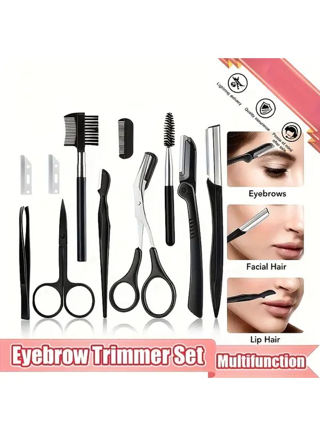 13Pcs Stainless Steel Eyebrow Grooming Kit Portable Black Set For Women And Men With Brush Razors Comb Scissors Folding Razor Trimmer Tweezers Lash Separator - Image 1