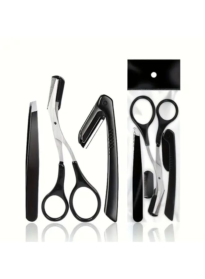 13Pcs Stainless Steel Eyebrow Grooming Kit Portable Black Set For Women And Men With Brush Razors Comb Scissors Folding Razor Trimmer Tweezers Lash Separator - Image 2