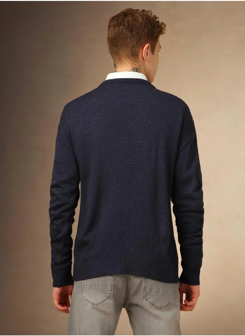 Dennis Lingo Men's Navy Melange 100% Acrylic Solid Regular Fit Sweater