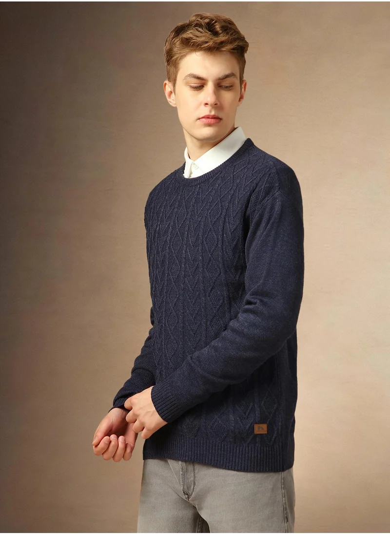دينيس لينغو Men's Navy Melange 100% Acrylic Solid Regular Fit Sweater