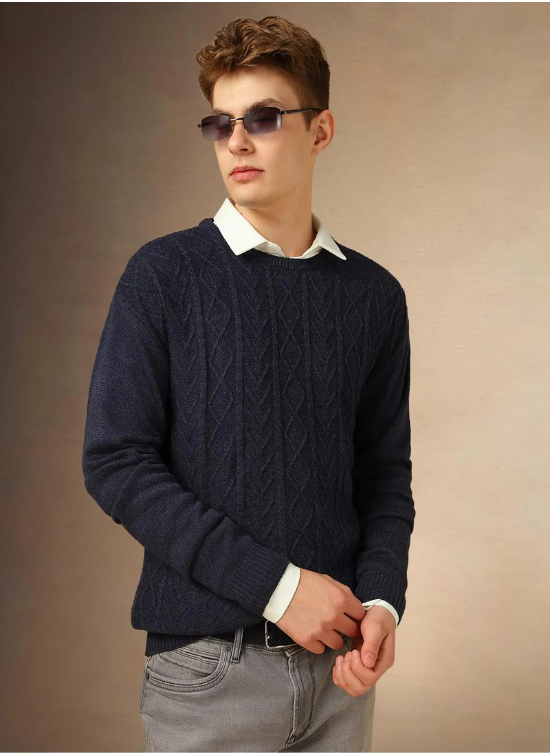 دينيس لينغو Men's Navy Melange 100% Acrylic Solid Regular Fit Sweater