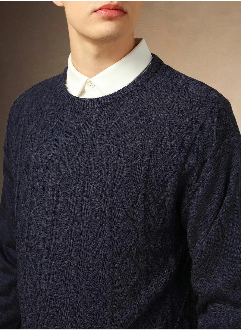 Dennis Lingo Men's Navy Melange 100% Acrylic Solid Regular Fit Sweater