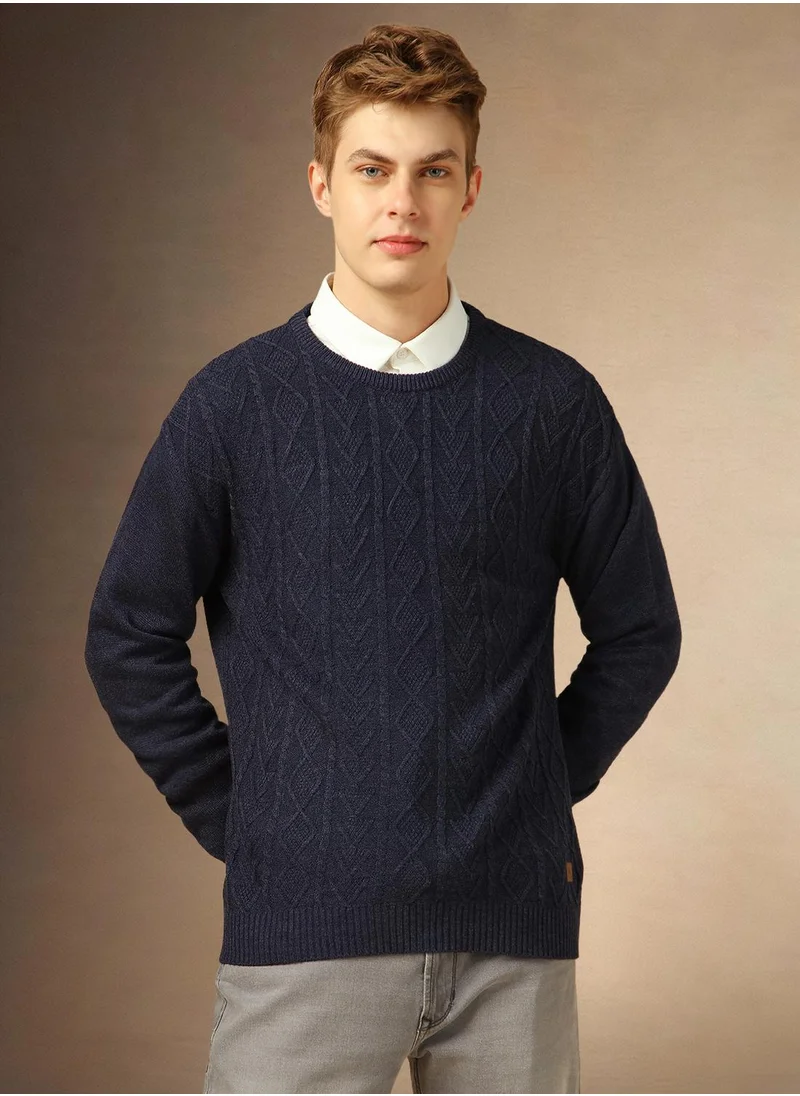 Dennis Lingo Men's Navy Melange 100% Acrylic Solid Regular Fit Sweater
