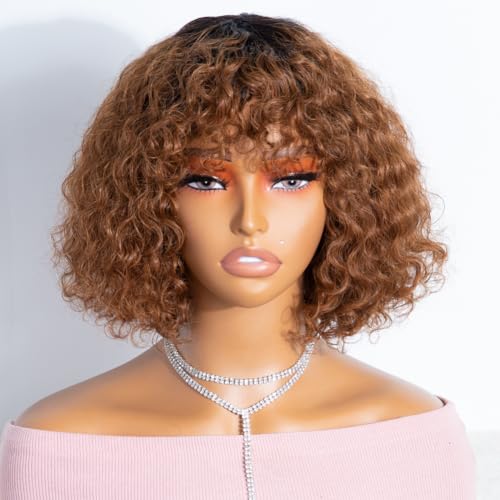 JOEDIR HAIR Short Curly Wig with Bangs Human Hair for Black Women 10 inch Black Roots to Brown Hair Water Wave Bob Wig 150 Density Glueless Wig Color TT1B30