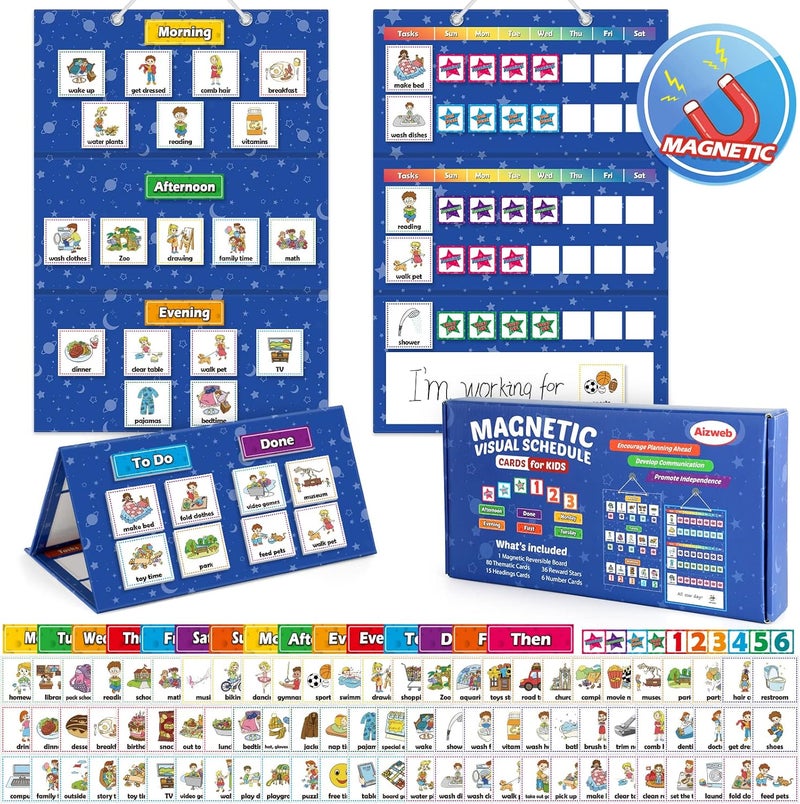 Aizweb Visual Schedule for Kid Chore Chart,Magnetic Morning Bedtime Routine Chart for Toddler,Daily Schedule Magnetic Board Communication Card for ASD,ADHD,PECS Autism Learning Material for Homeschool - Image 1