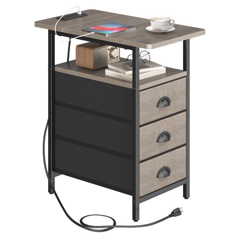 sthmec End Table with Charging Station, Side Tables Livingroom with USB Ports and Outlets,Narrow Nightstands Bedside Tables with 3 Drawers for Small Space,Slim Sofa Table Bedroom,Grey - Image 1