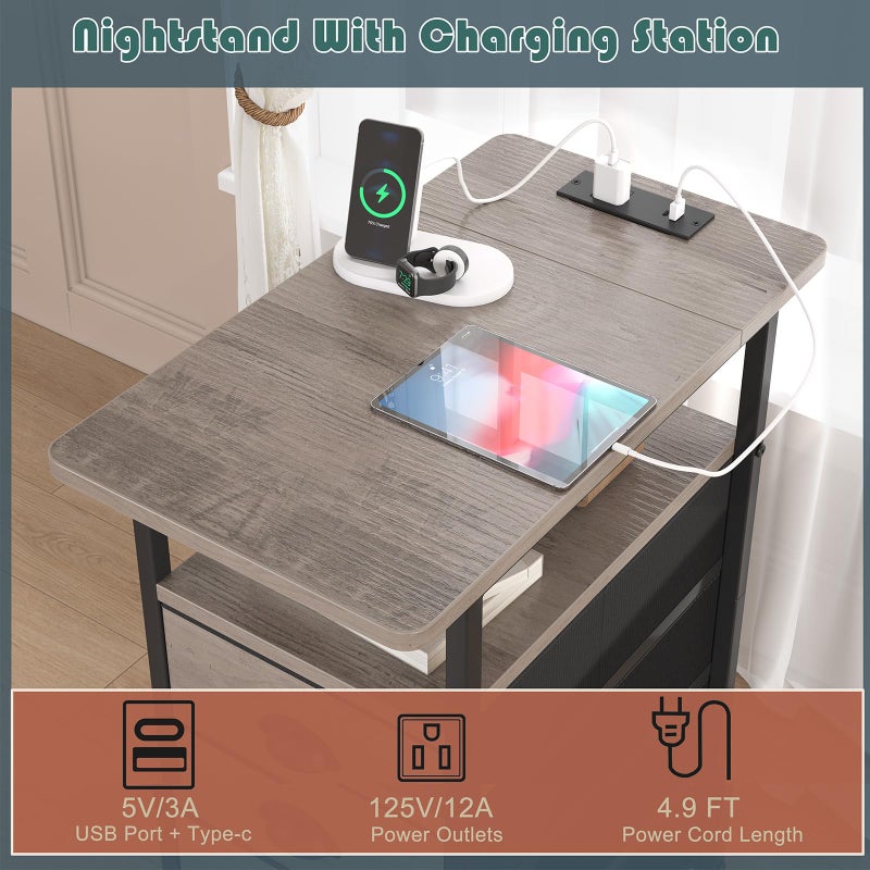 sthmec End Table with Charging Station, Side Tables Livingroom with USB Ports and Outlets,Narrow Nightstands Bedside Tables with 3 Drawers for Small Space,Slim Sofa Table Bedroom,Grey - Image 4