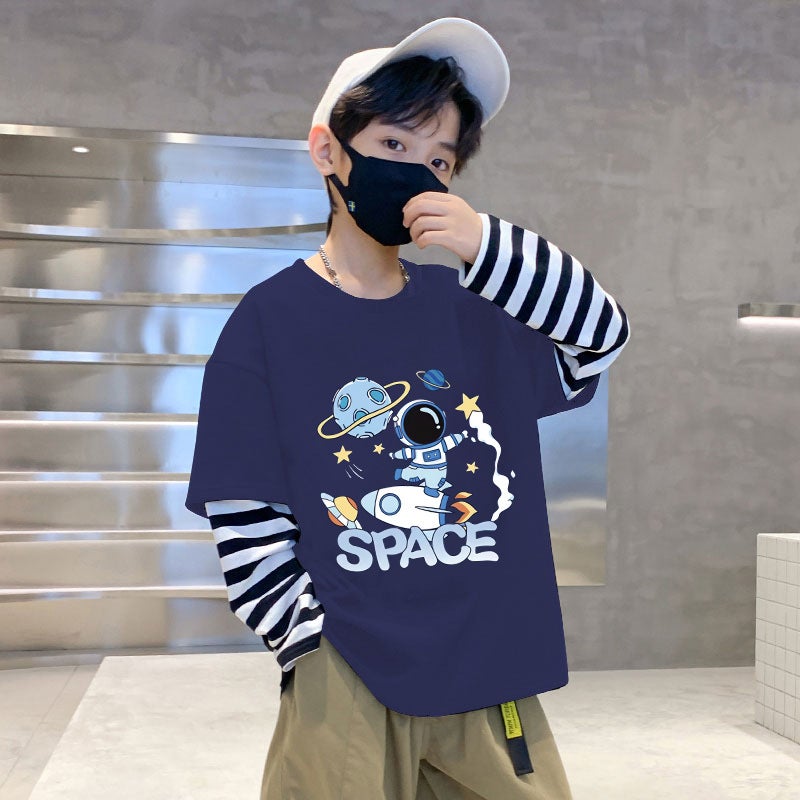 G2092# children's clothing boys T-shirt long sleeve fake two spring cotton bottoming shirt new children's boys tide stripes - Image 4