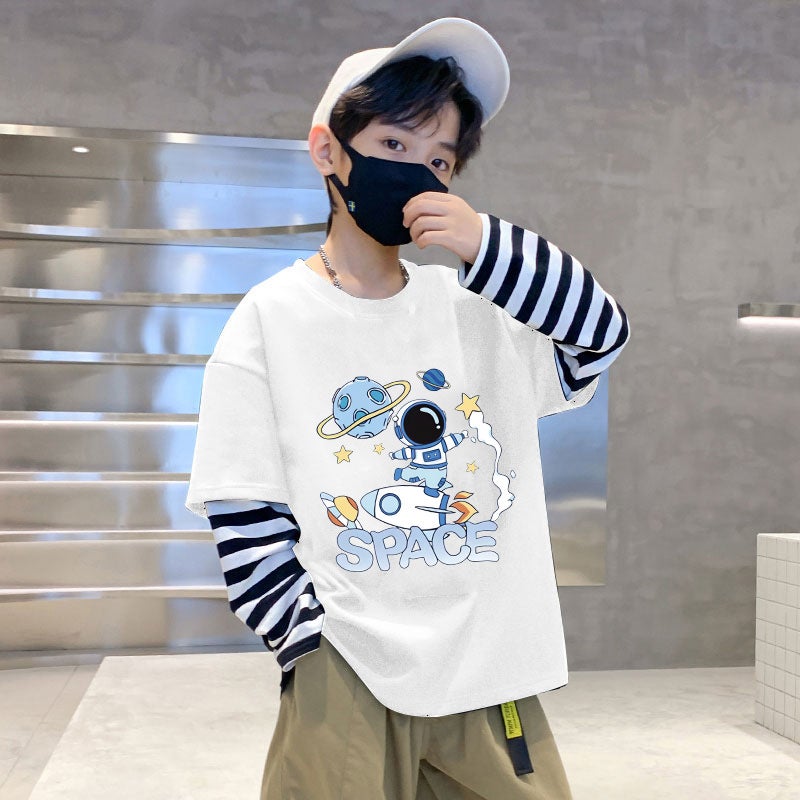 G2092# children's clothing boys T-shirt long sleeve fake two spring cotton bottoming shirt new children's boys tide stripes - Image 3