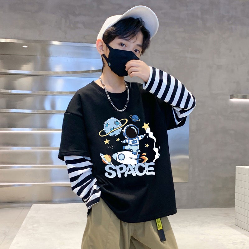 G2092# children's clothing boys T-shirt long sleeve fake two spring cotton bottoming shirt new children's boys tide stripes - Image 1