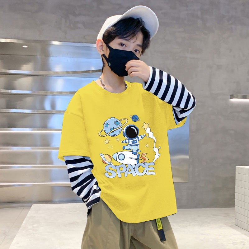 G2092# children's clothing boys T-shirt long sleeve fake two spring cotton bottoming shirt new children's boys tide stripes - Image 5