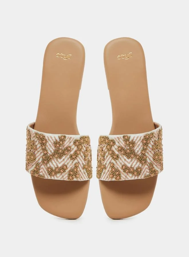 Styli Embellished Flat Slip-On Sandals