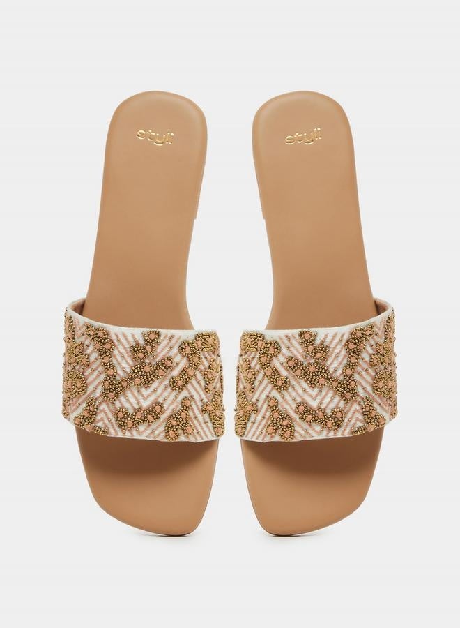 Styli Embellished Flat Slip-On Sandals - Image 5