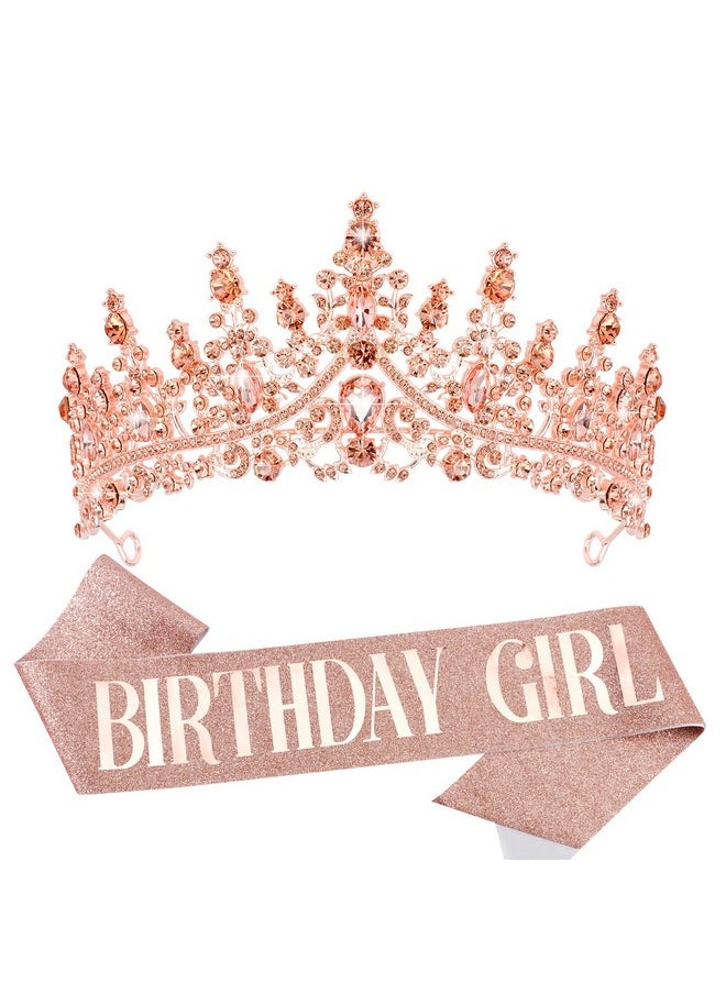 Velscrun VELSCRUN Birthday Tiara Crowns for Women Girls Rose Gold Crystal Birthday Girl Headband Sash Elegant Princess Crown Happy Birthday Party Decorations Women Sisters Birthday Gift Hair Accessories  - Image 1