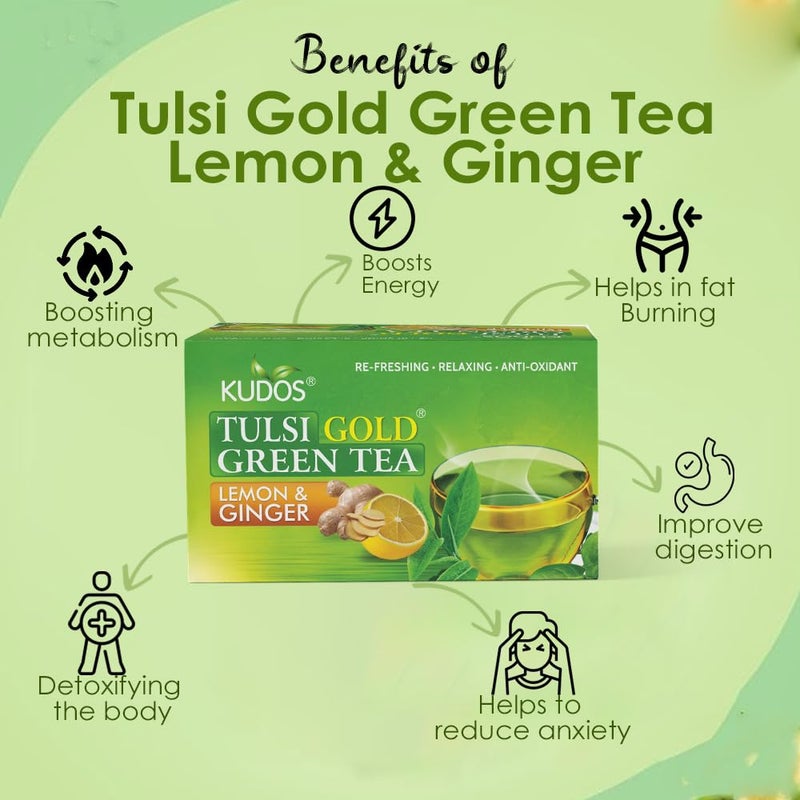 Kudos Ayurveda Tulsi Gold Green Tea Lemon & Ginger (25 Bags) - Pack of 2 - Image 2