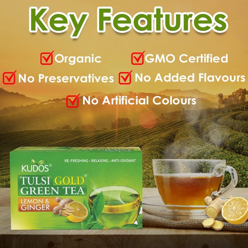 Kudos Ayurveda Tulsi Gold Green Tea Lemon & Ginger (25 Bags) - Pack of 2 - Image 3