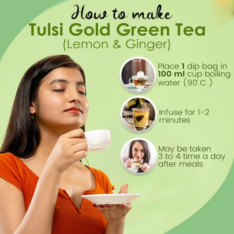 Kudos Ayurveda Tulsi Gold Green Tea Lemon & Ginger (25 Bags) - Pack of 2 - Image 5