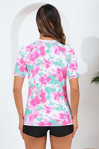 Halcurt Women Modest Swim Shirt with Shelf Bra Short Sleeve Bathing Suit with Shorts Pink M - Image 4