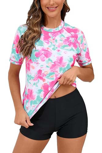 Halcurt Women Modest Swim Shirt with Shelf Bra Short Sleeve Bathing Suit with Shorts Pink M - Image 1