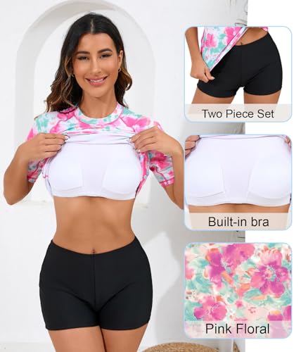 Halcurt Women Modest Swim Shirt with Shelf Bra Short Sleeve Bathing Suit with Shorts Pink M - Image 3