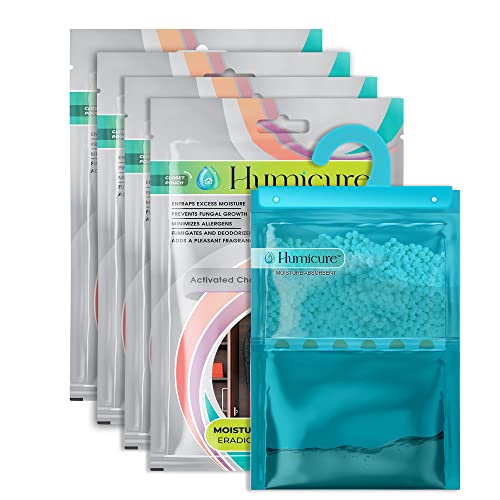 Humicure Moisture Absorber Dehumidifier Hanging Bags with 1 Litre Absorption Capacity for Wardrobe, Bathroom, Kitchen and Bedroom; Prevents Mould & Fungus (Pack of 4, 400gram each, Activated Charcoal) - Image 1