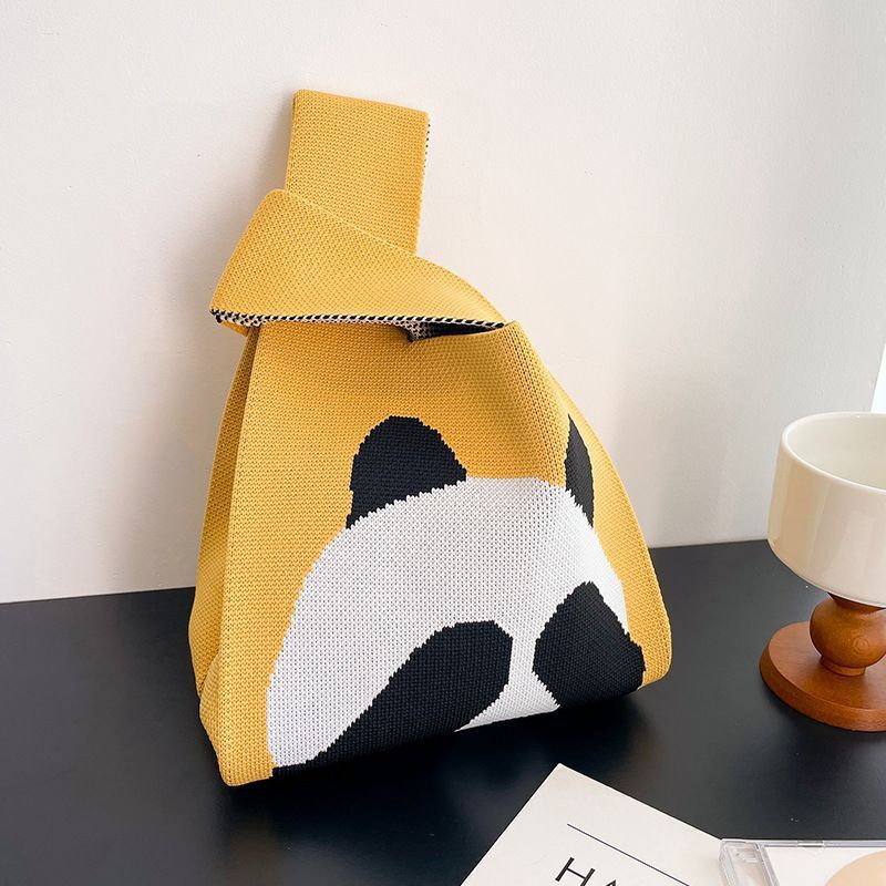 Large Capacity Internet Celebrity Handbag Knitted Wool Bucket Bag Panda Style Versatile Hand Carrying Casual Tote Bag Lunch Box Bag - Image 1