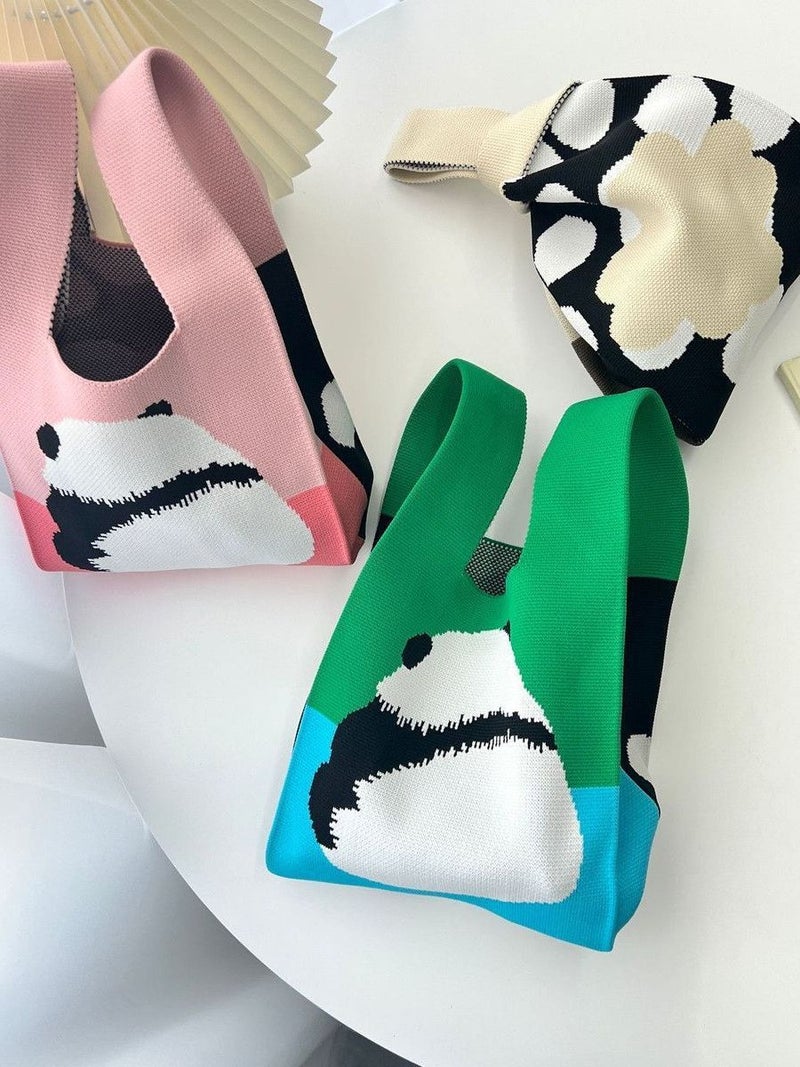 Large Capacity Internet Celebrity Handbag Knitted Wool Bucket Bag Panda Style Versatile Hand Carrying Casual Tote Bag Lunch Box Bag - Image 2