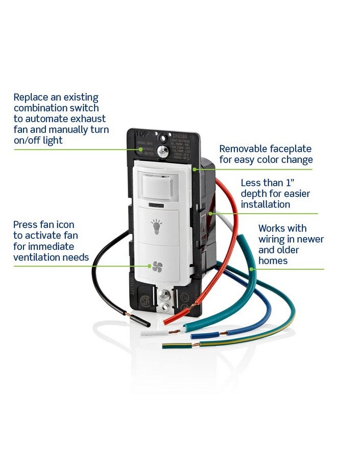 ليفيتون مستشعر رطوبة مزدوج من Leviton DHD05-1LW مع مفتاح إضاءة منفصل، مروحة شفط حمام آلية، تدوير الهواء، التحكم في الرطوبة، عمود واحد/عمود واحد، ¼ حصان، أبيض - Image 5